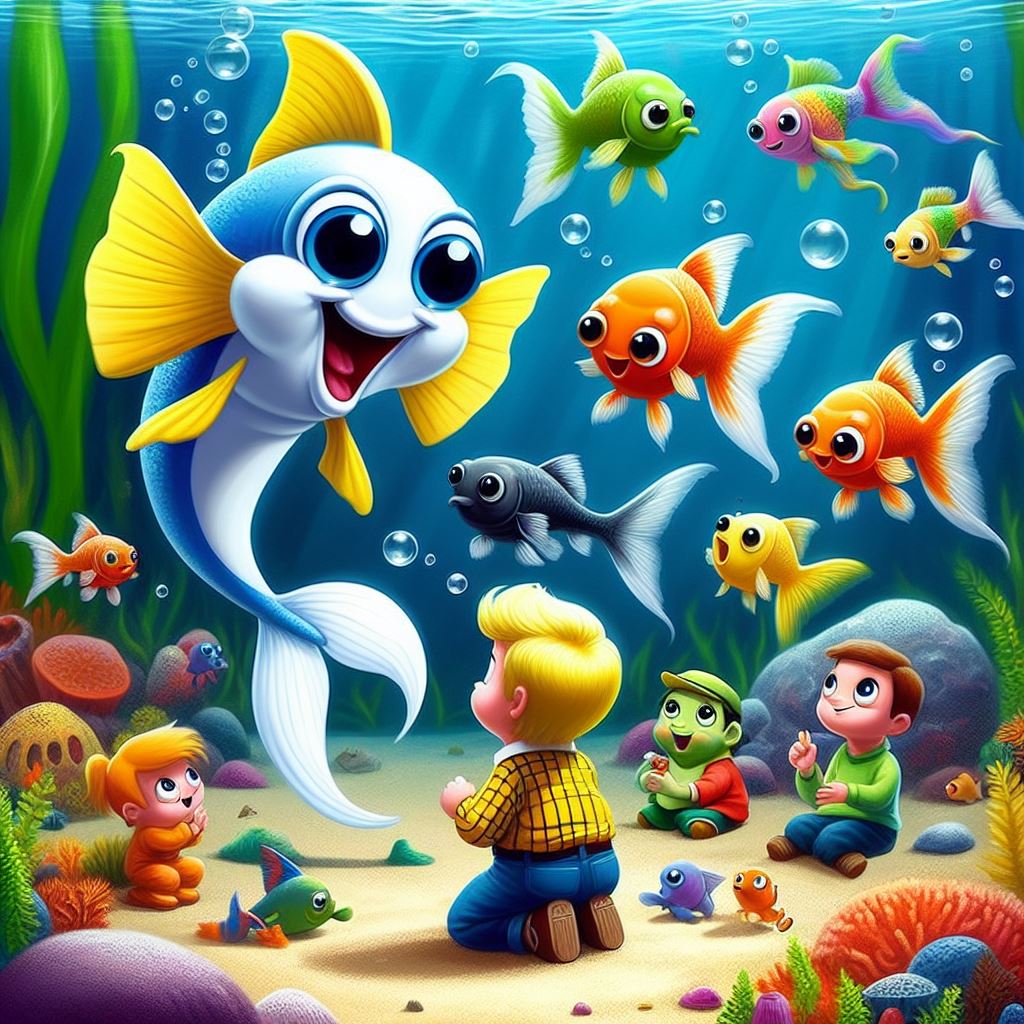 ماهیان انیمیشن در حال صحبت با یک بچه در داخل اب
